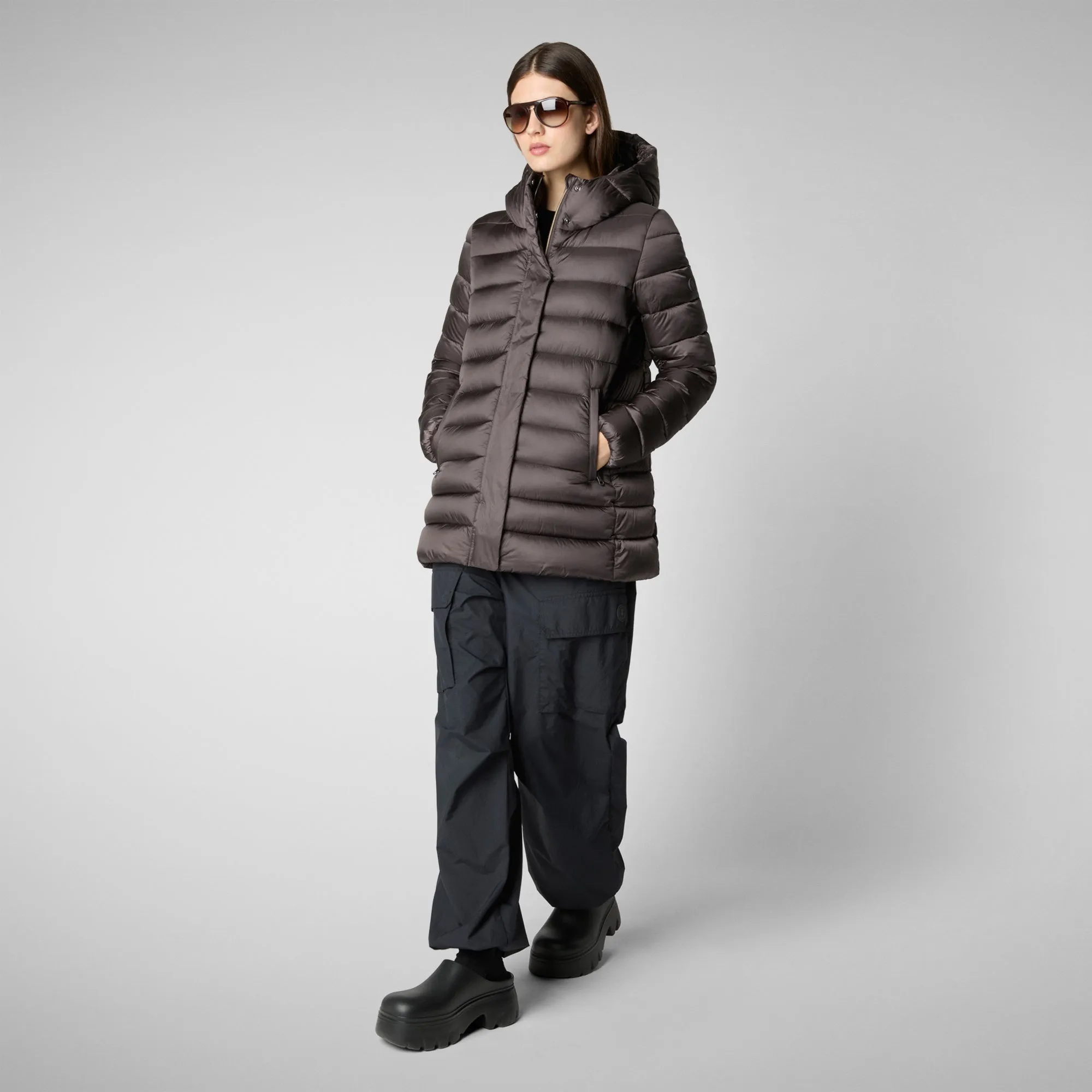 Women's Hooded Animal free Puffer Coat Drimia in Brown Black