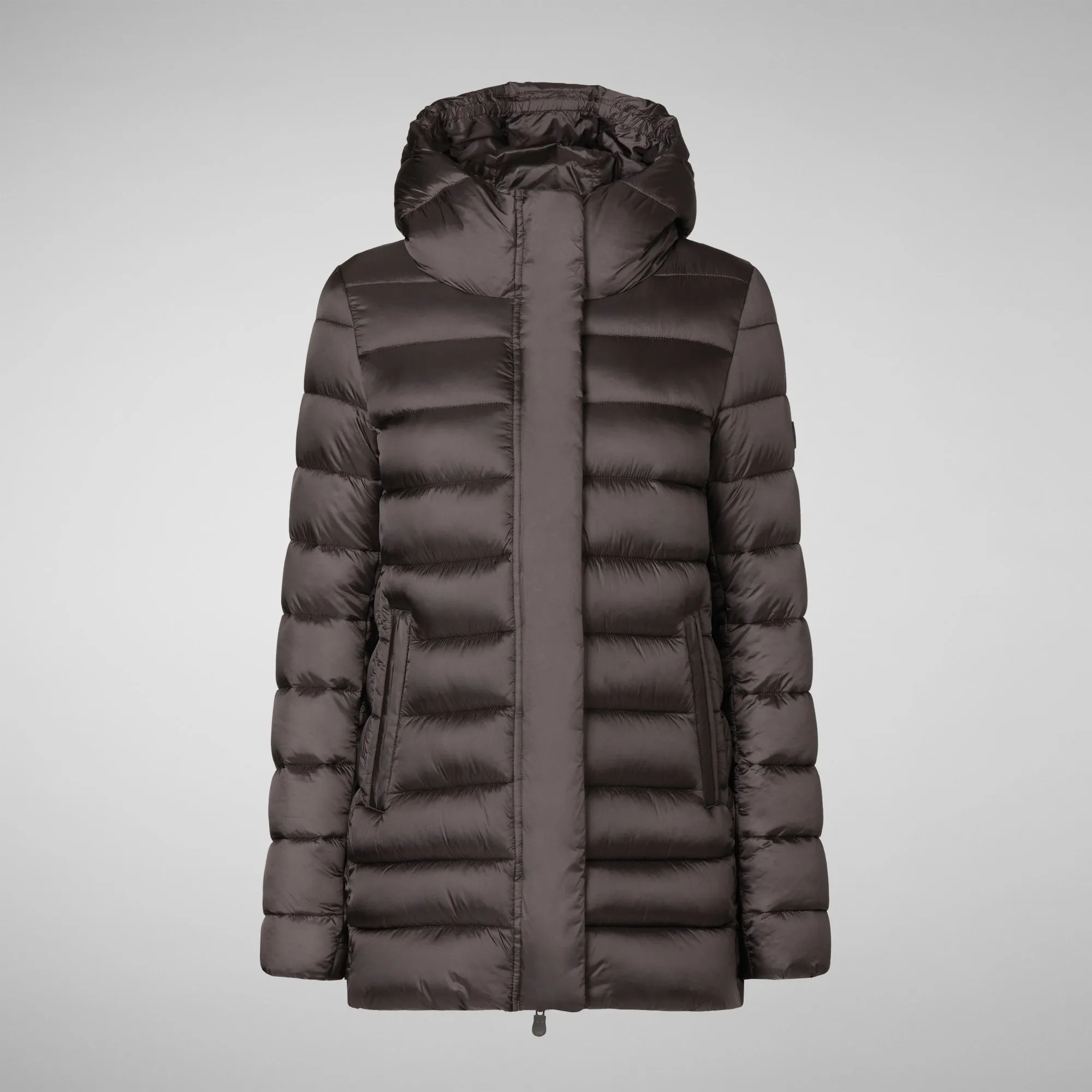 Women's Hooded Animal free Puffer Coat Drimia in Brown Black