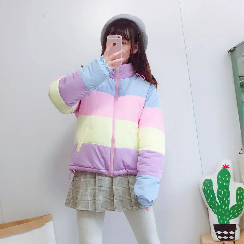 Womens Kawaii Aesthetic Cute Pastel Rainbow Puffer Jacket