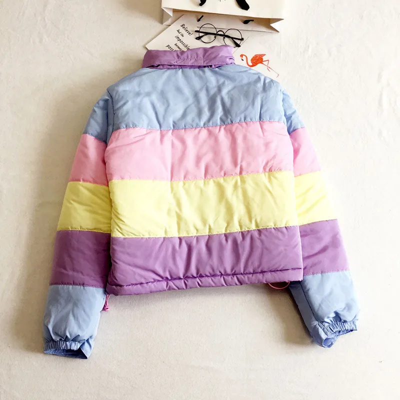 Womens Kawaii Aesthetic Cute Pastel Rainbow Puffer Jacket