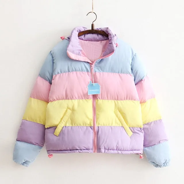 Womens Kawaii Aesthetic Cute Pastel Rainbow Puffer Jacket