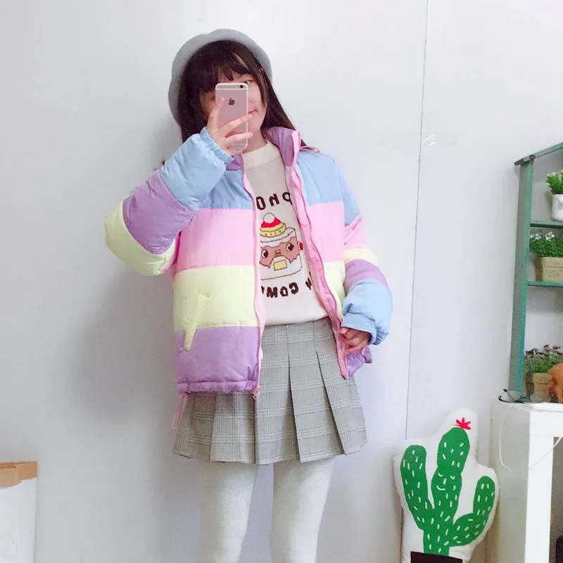 Womens Kawaii Aesthetic Cute Pastel Rainbow Puffer Jacket