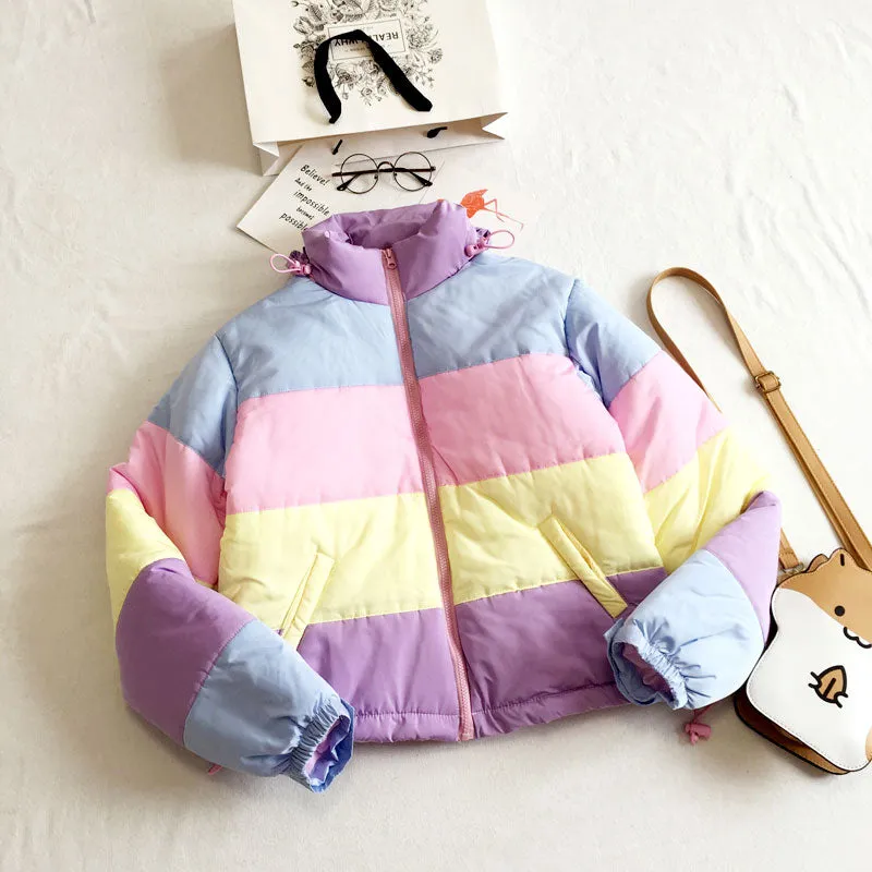 Womens Kawaii Aesthetic Cute Pastel Rainbow Puffer Jacket