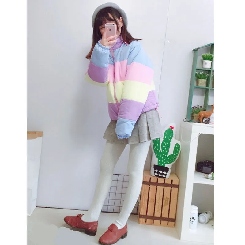 Womens Kawaii Aesthetic Cute Pastel Rainbow Puffer Jacket