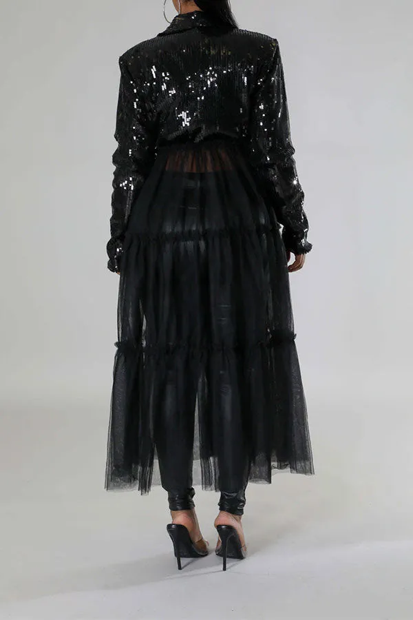 xiangtuibao Sequined Sparkly Tiered Tulle Patchwork Coat